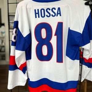 Blue, White, and Red Marian Hossa Polyester Slovakian Replica Hockey Jersey. Lg
